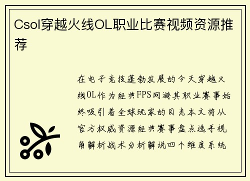 Csol穿越火线OL职业比赛视频资源推荐