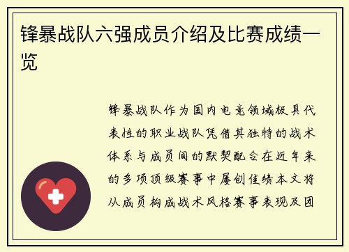 锋暴战队六强成员介绍及比赛成绩一览