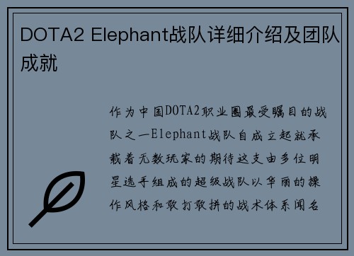 DOTA2 Elephant战队详细介绍及团队成就