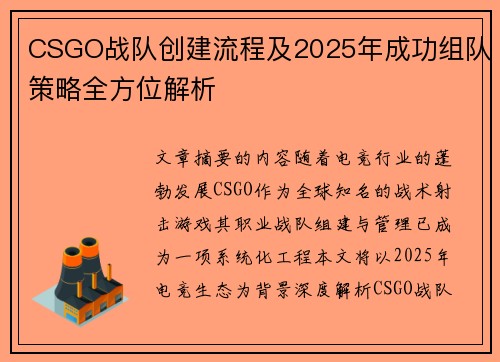 CSGO战队创建流程及2025年成功组队策略全方位解析